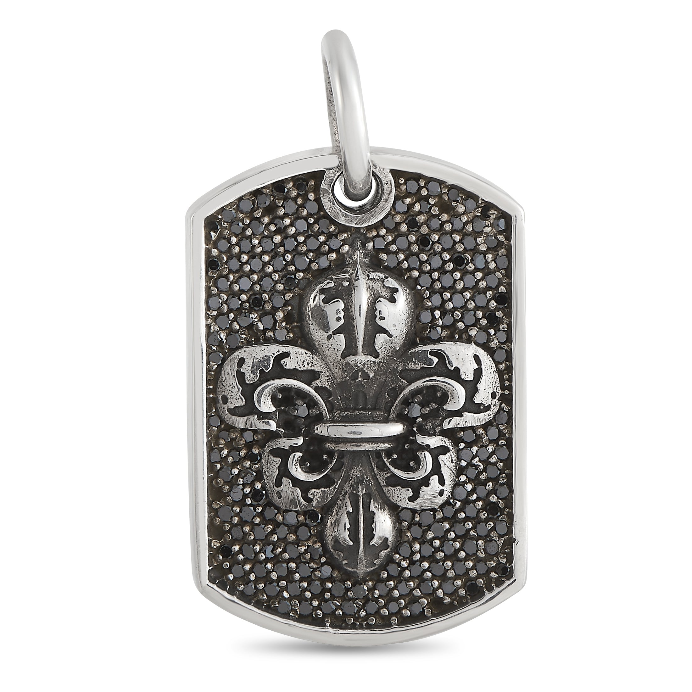 King Baby Silver and Black Diamond Fleur-de-Lis Relic Dog Tag Pendant