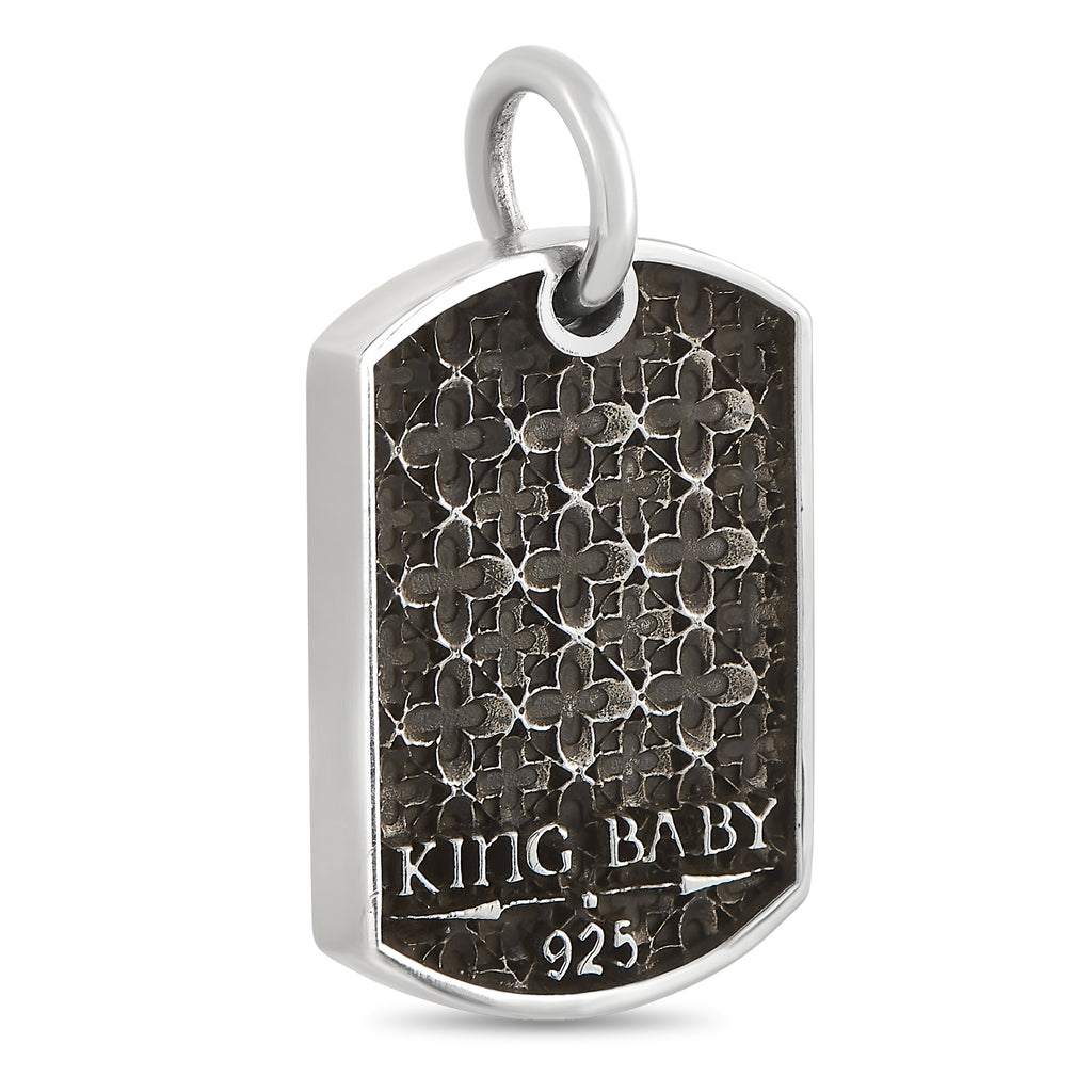 King Baby Silver and Black Diamond Fleur-de-Lis Relic Dog Tag Pendant