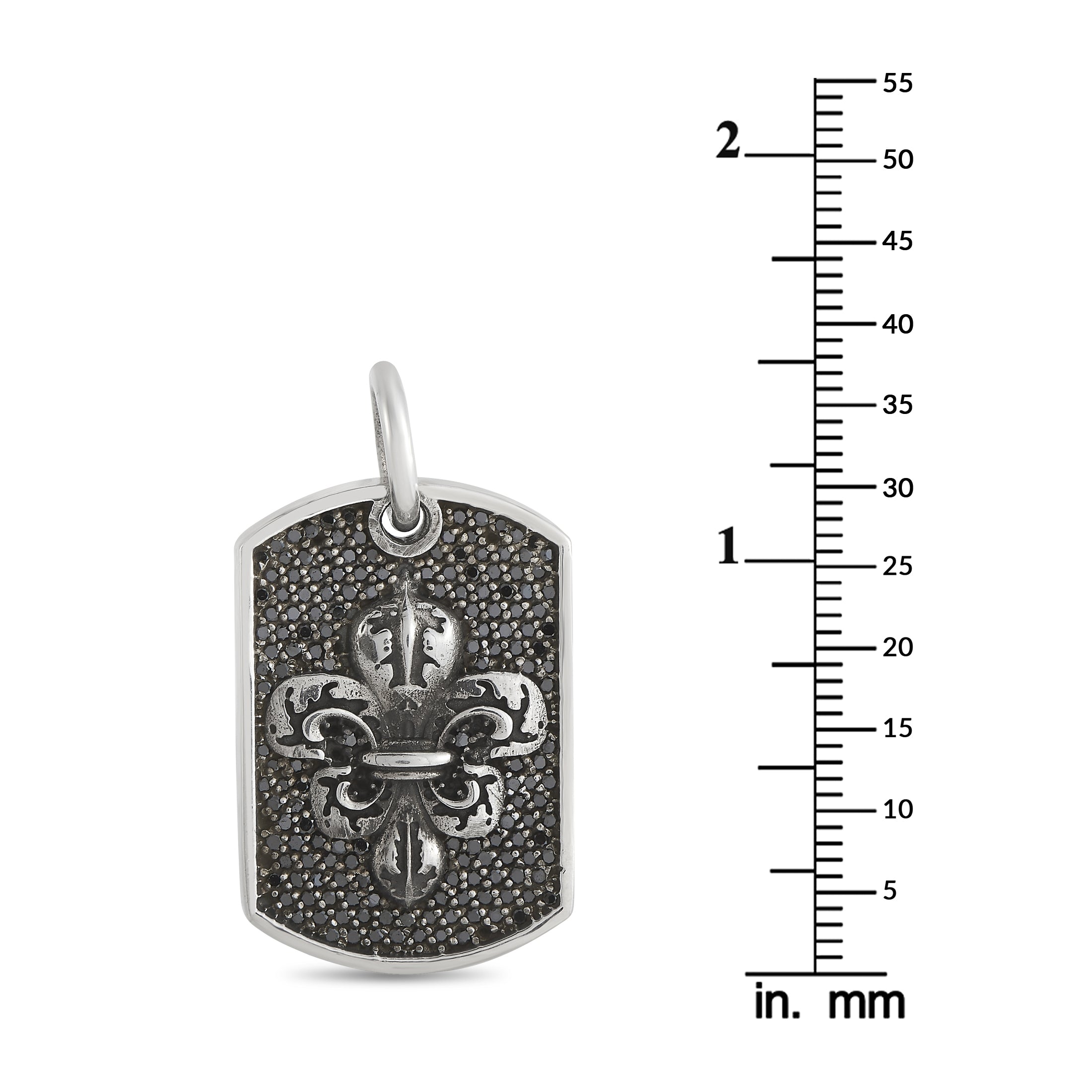 King Baby Silver and Black Diamond Fleur-de-Lis Relic Dog Tag Pendant
