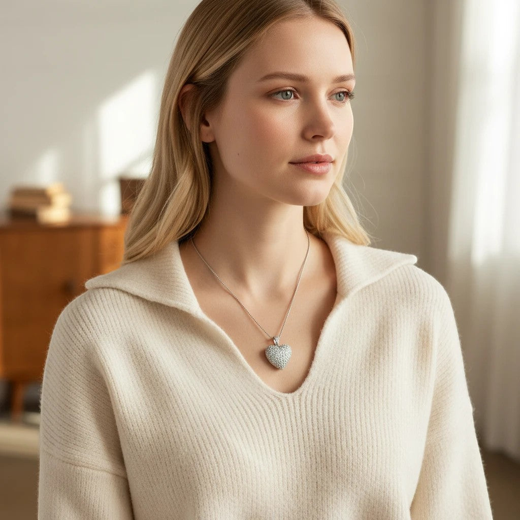 Heart diamond pavé pendant in white gold worn on a thin necklace chain.
