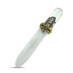 Letter opener with clear blade and decorative gold-tone handle, diamond-like accents