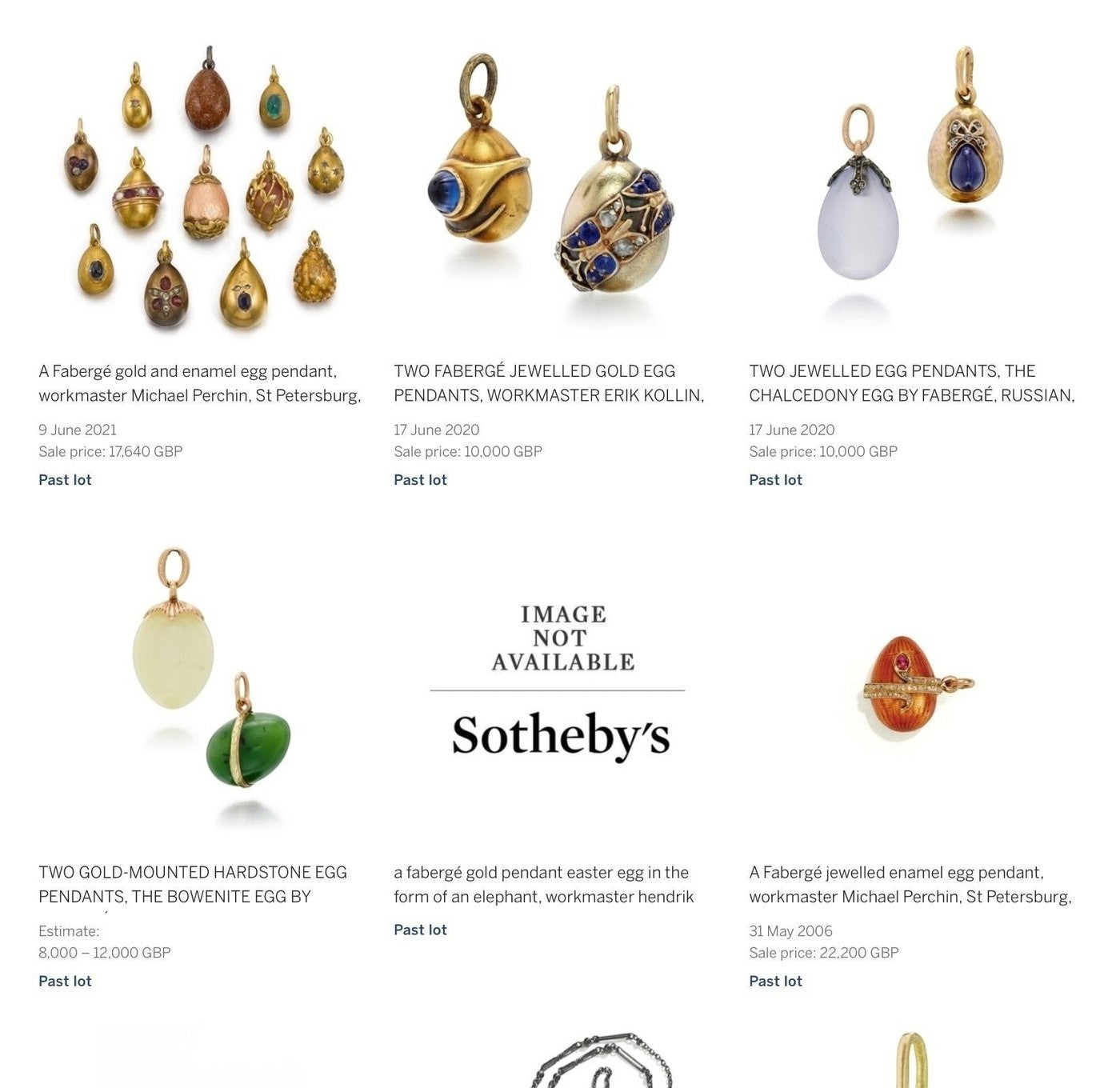 Auction gallery of gold pendants featuring gemstone eggs and drop designs