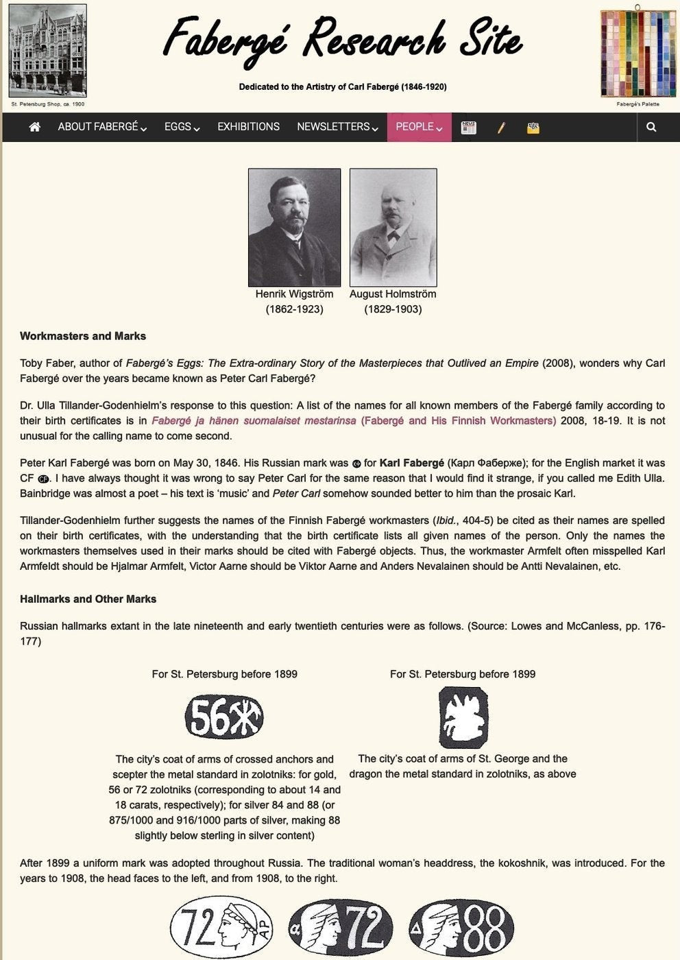 Fabergé Research Site webpage with navigation menu and author photos at the top