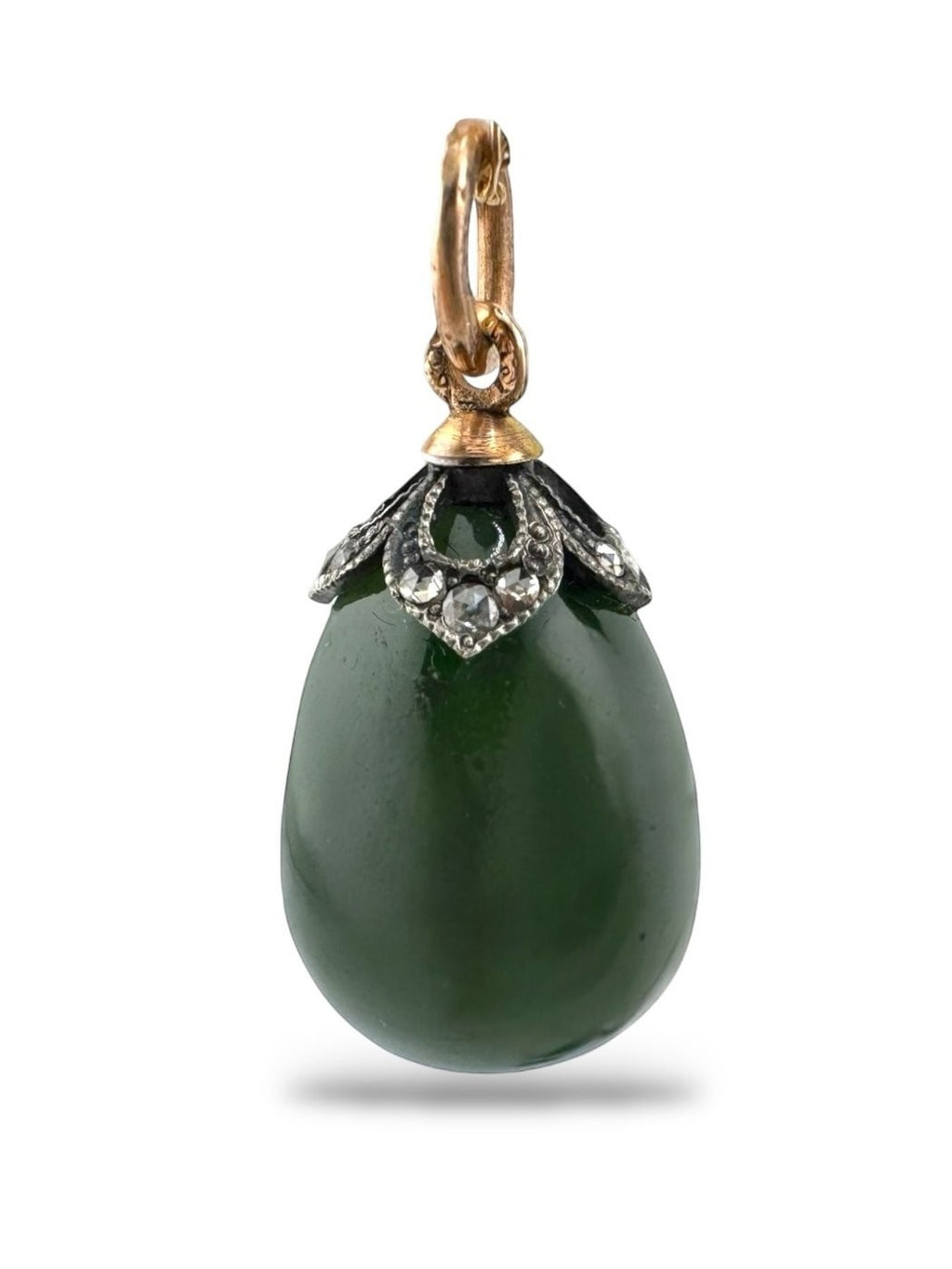 Green enamel teardrop pendant with diamond-like surround and gold-tone bail
