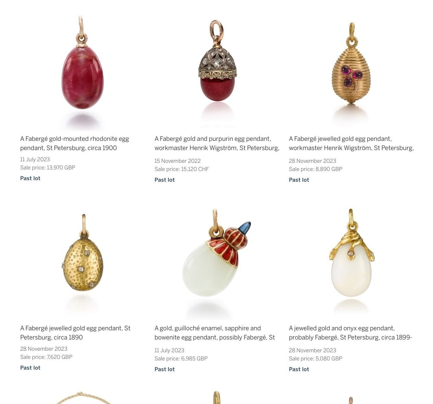 Auction gallery of assorted gold-mounted gemstone egg pendants on necklaces