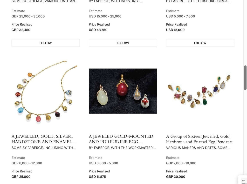 Sotheby’s auction page showing jewelry pendants with small gemstone details