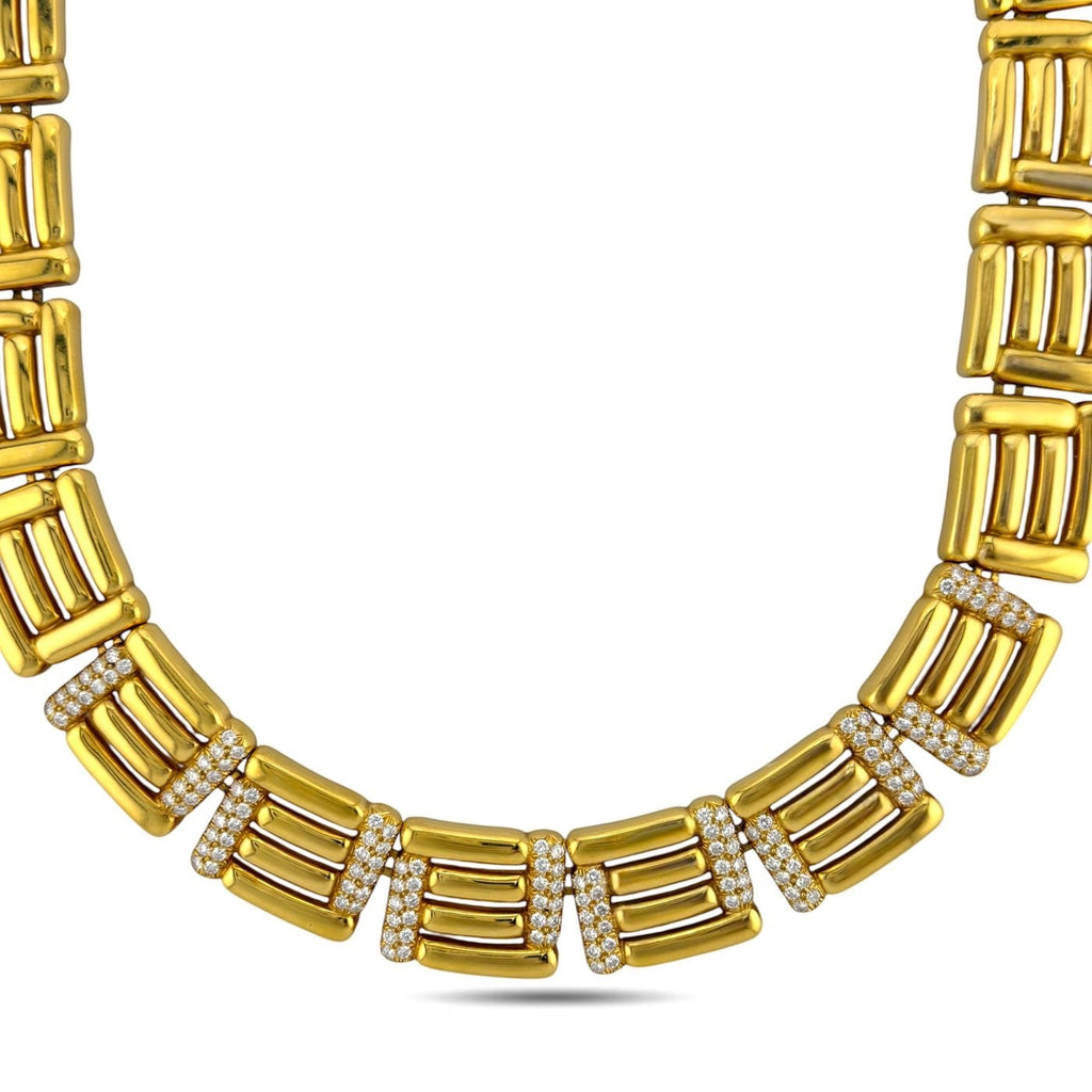 Yellow gold square-link choker necklace with small diamond accents along the band