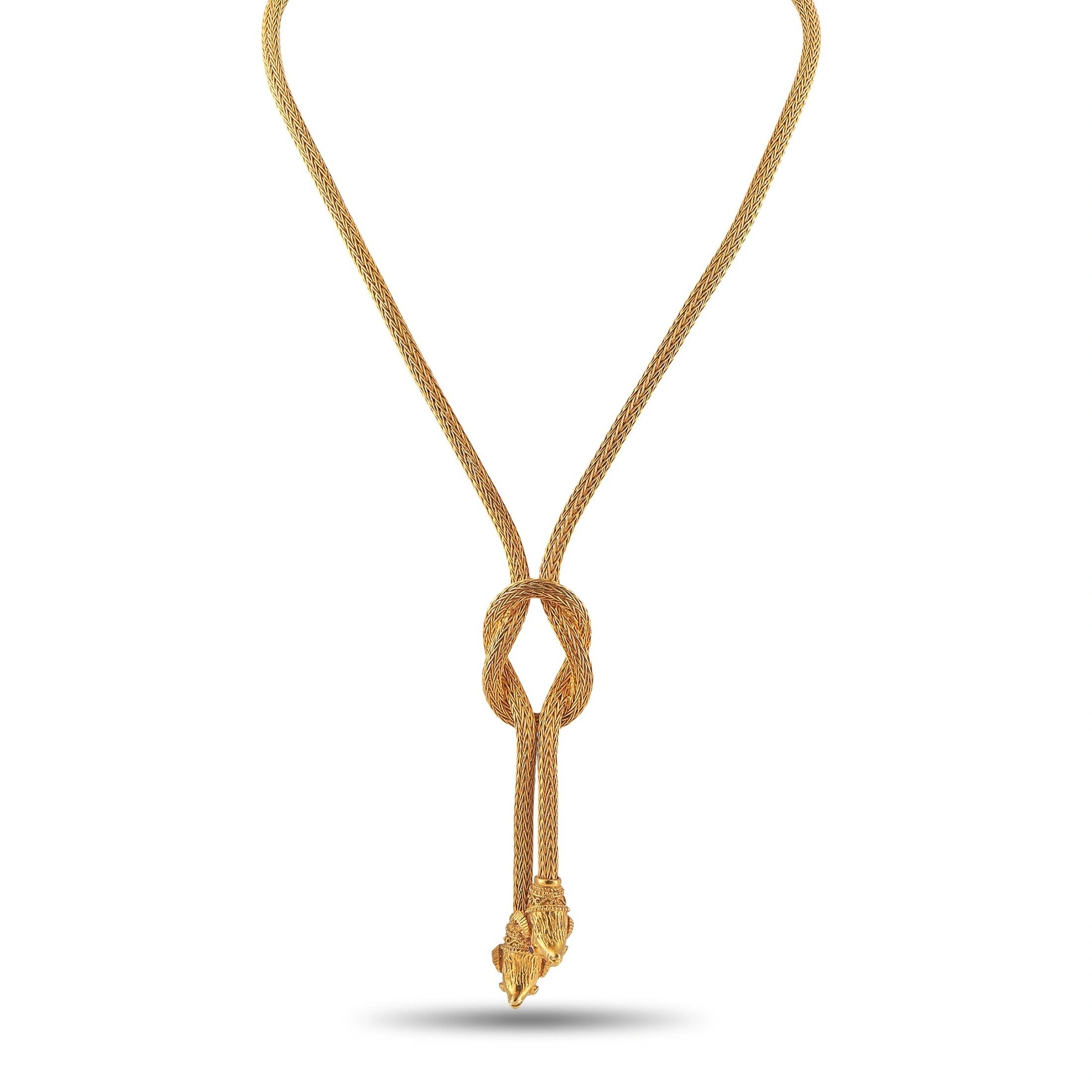 18K yellow gold lariat necklace with braided knot and ram head drop charm