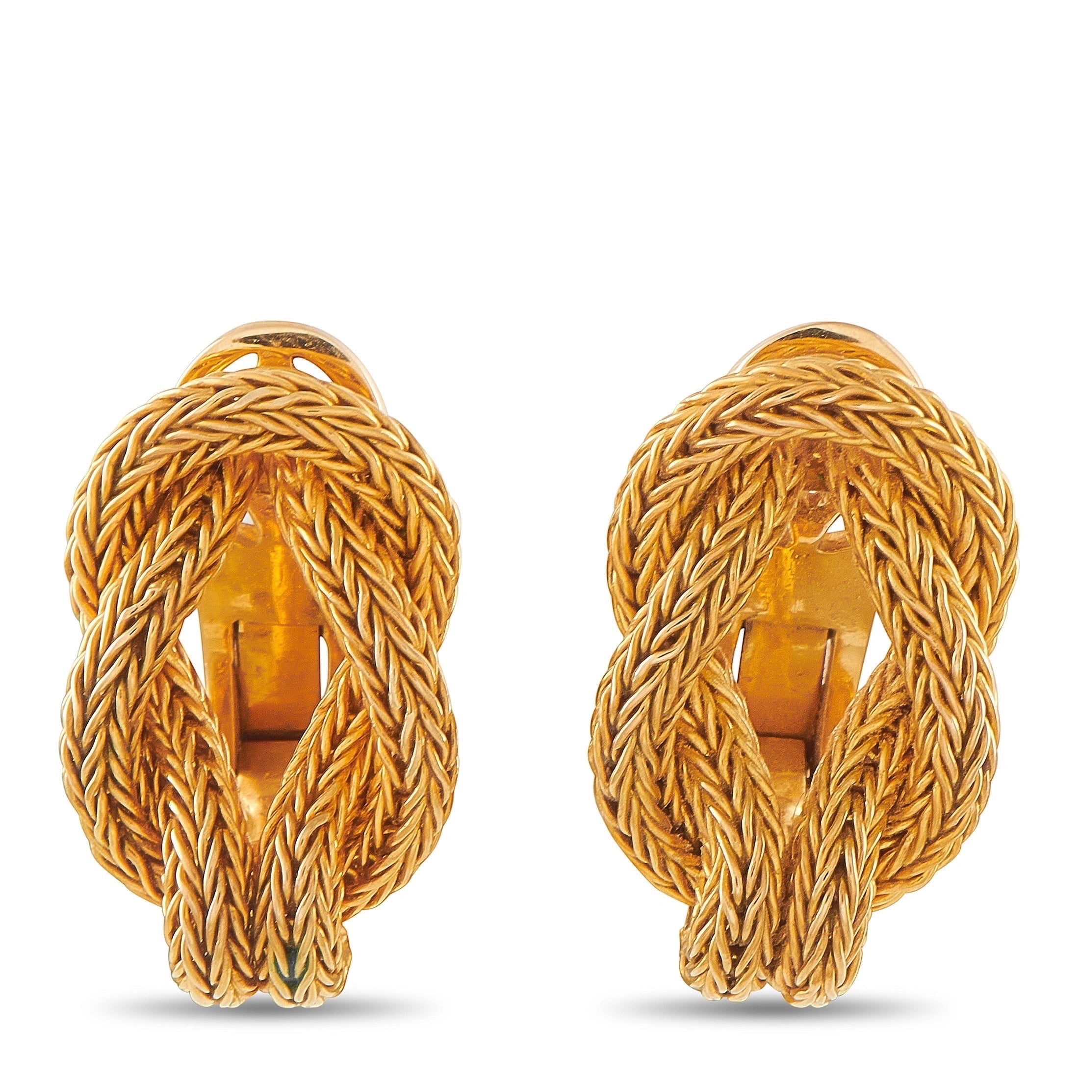 18K yellow gold woven rope hoop earring, oval loop with cutout window
