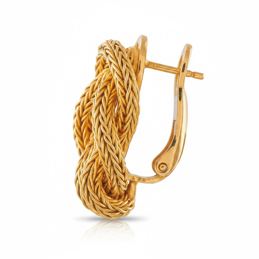 18K yellow gold woven rope hoop earring with hinged post and latch