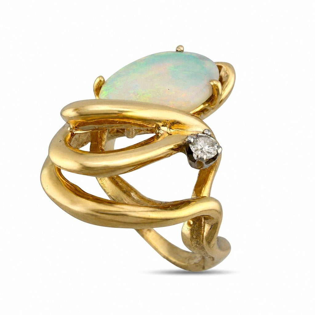 14K yellow gold opal ring with oval opal, side diamond and looped band