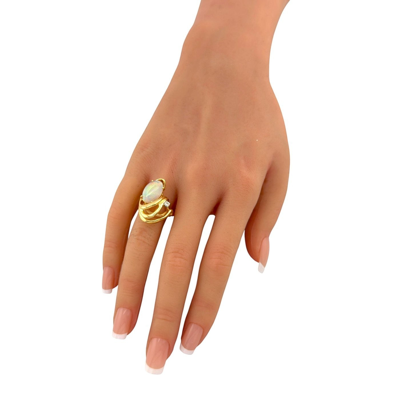 14K yellow gold opal ring on hand, oval opal and braided open band
