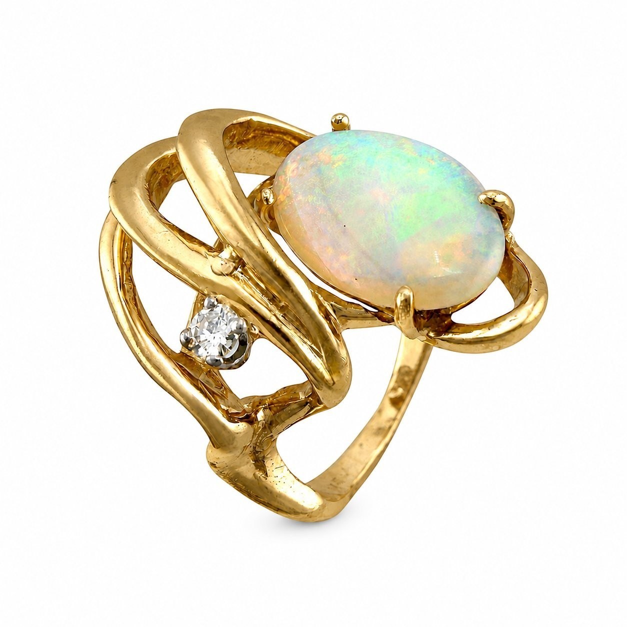 14K yellow gold ring with oval opal center and diamond accents