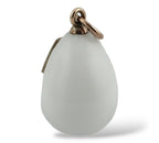 Gold loop bail and light-gray enamel teardrop egg pendant, side view