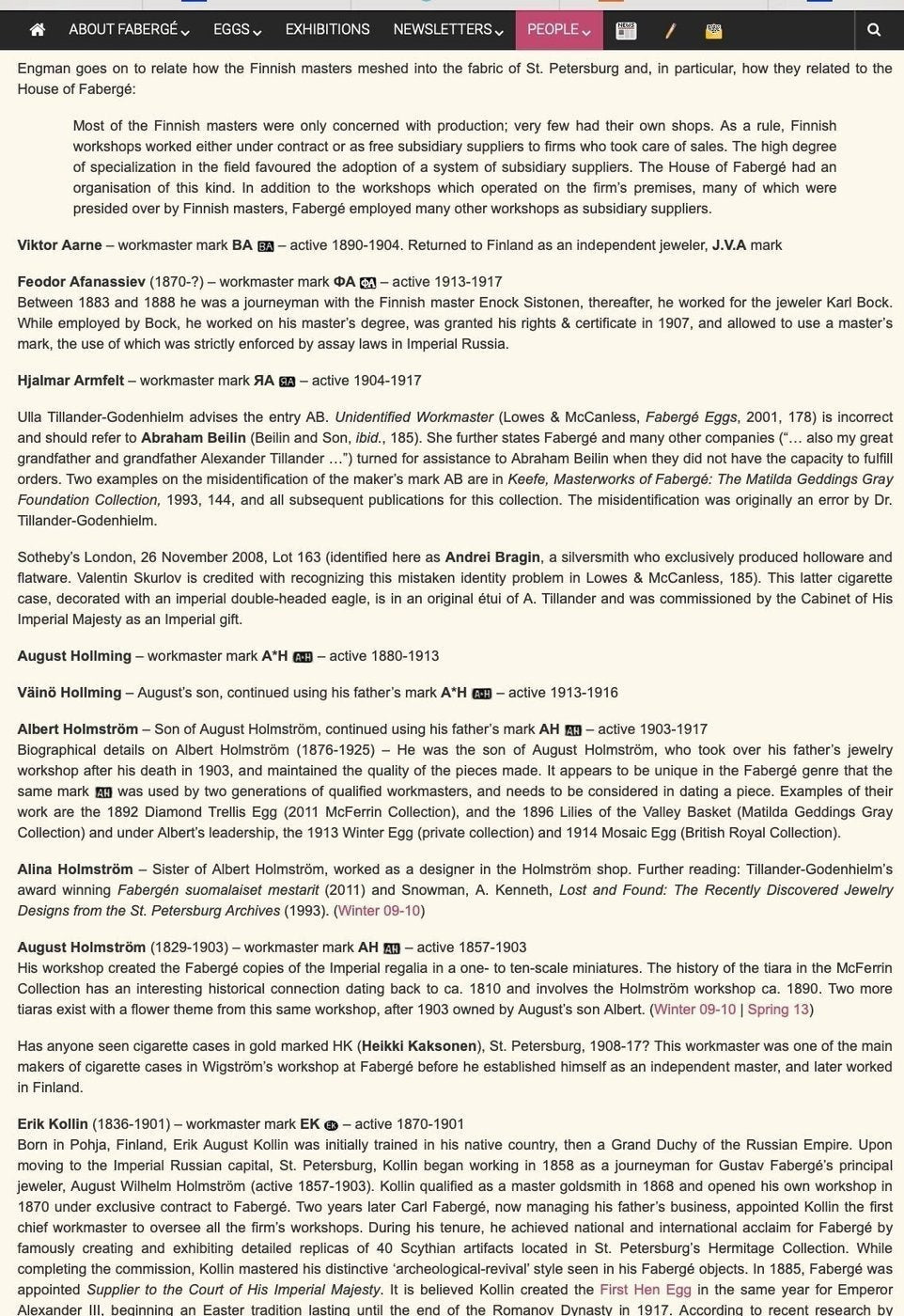 Fabergé Research Site article page with biography paragraphs and section headings