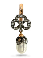 Rose-gold hoop earring charm with dark diamond cluster and white pearl drop