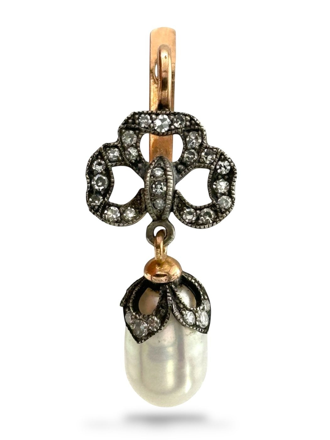Rose-gold hoop earring charm with dark diamond cluster and white pearl drop