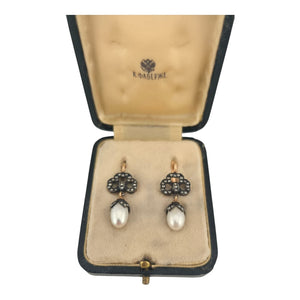 Imperial Russian 56k Rose Gold Pearl & Diamond Earrings with Box