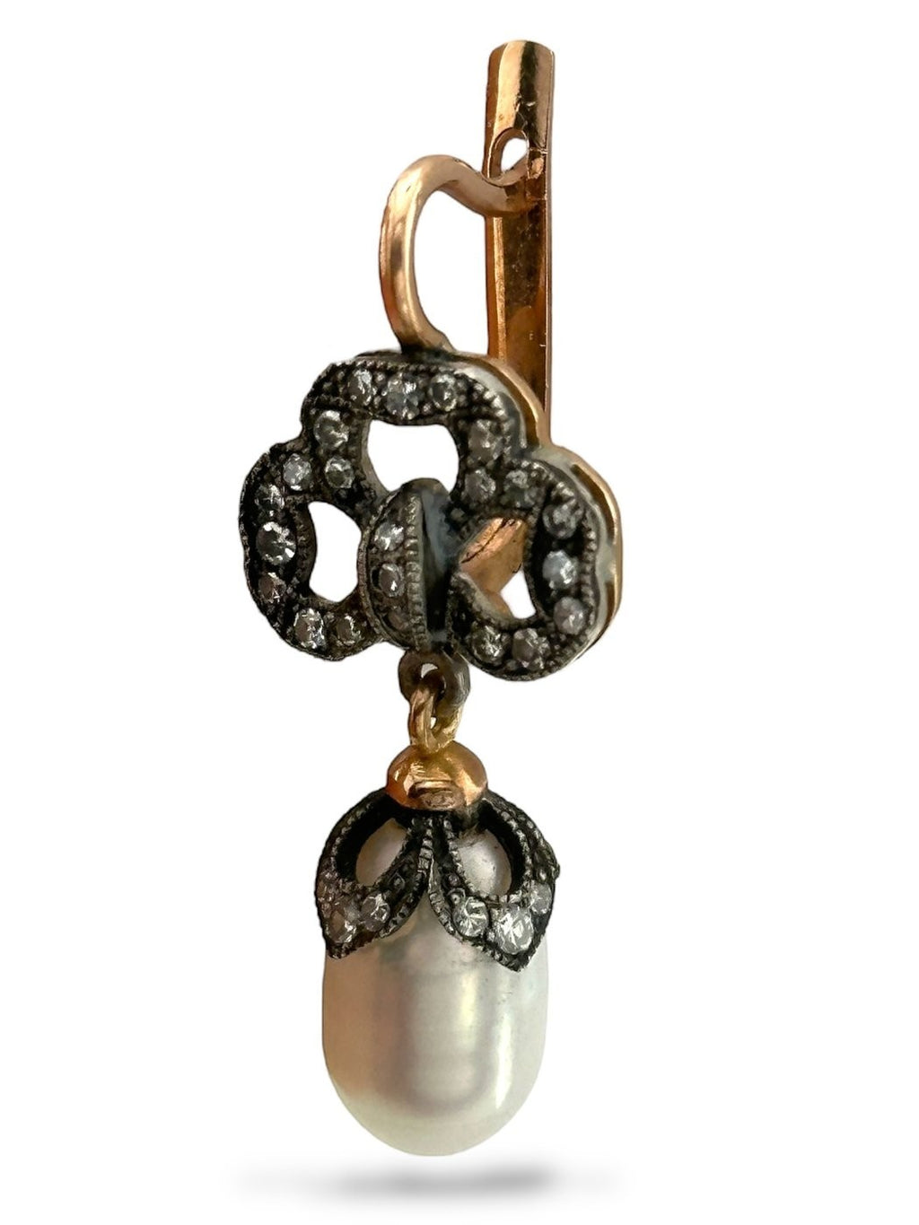 Rose-gold hoop earring with dark diamond cluster top and white pearl drop