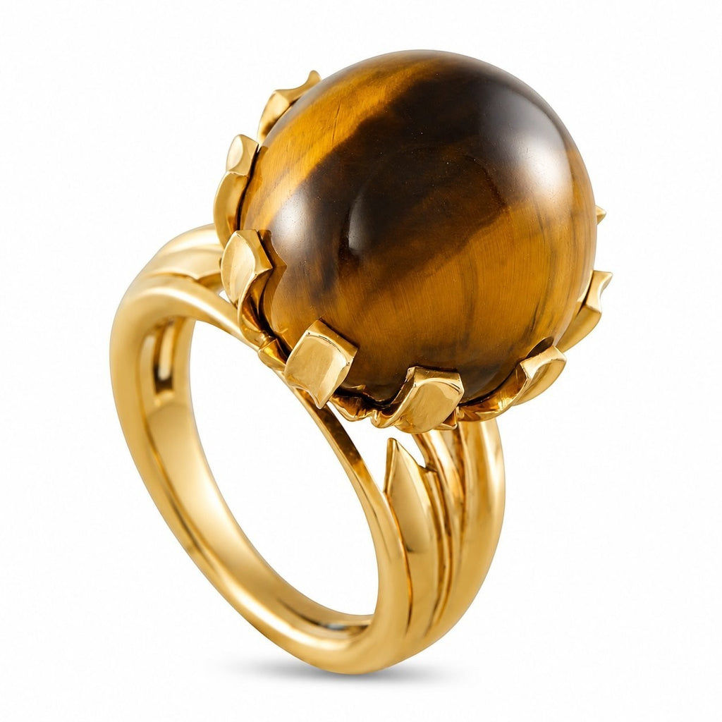 18K yellow gold tiger’s eye ring with glossy brown-gold stone and raised claws