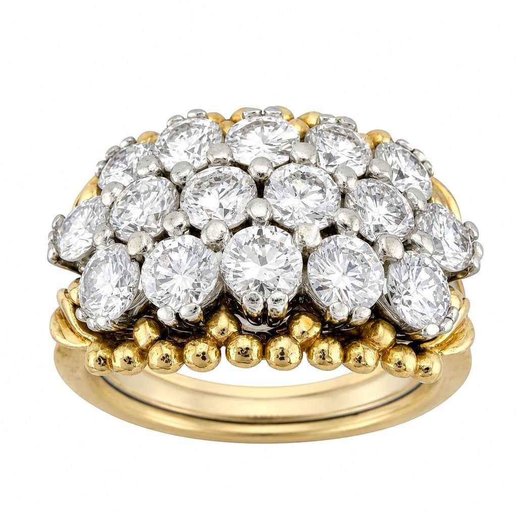Two-tone 14K gold diamond cluster ring, round stones with yellow beaded row