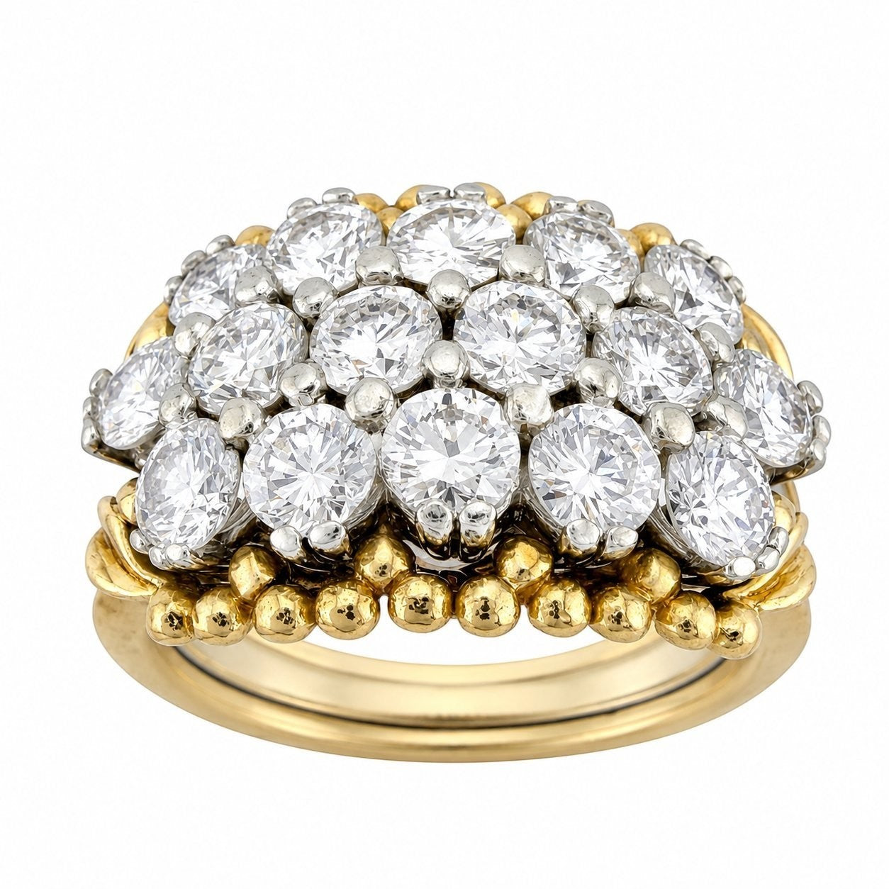 Two-tone 14K gold diamond cluster ring with round stones and yellow bead trim