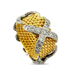 Gold mesh diamond ring with platinum cross design and set stones