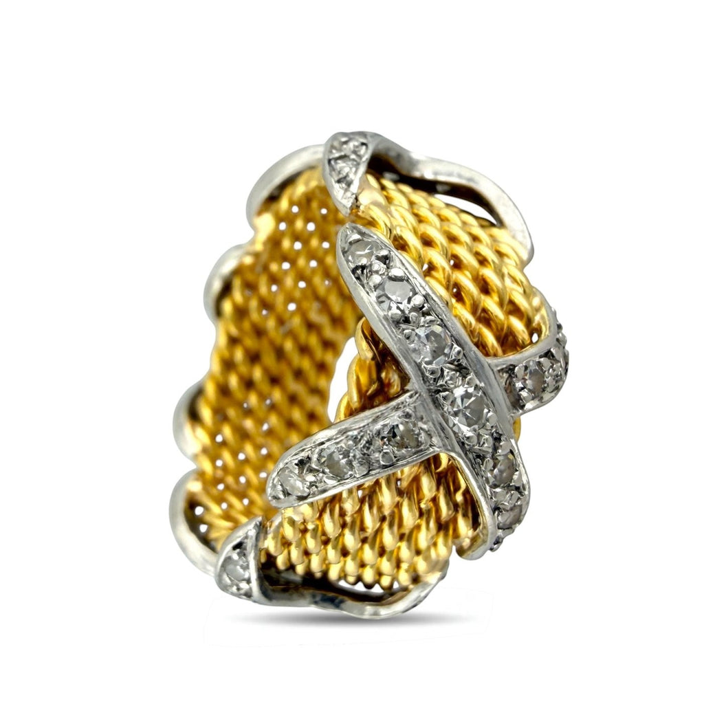Gold mesh ring with platinum cross and side diamond clusters