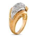 Gold and platinum diamond ring side view, oval diamond top with sweeping openwork band