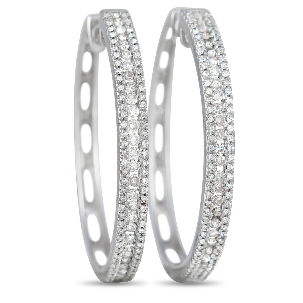 14K White Gold 3-Row 1.06 Carat VS1 G Color Diamond Hoop Earrings