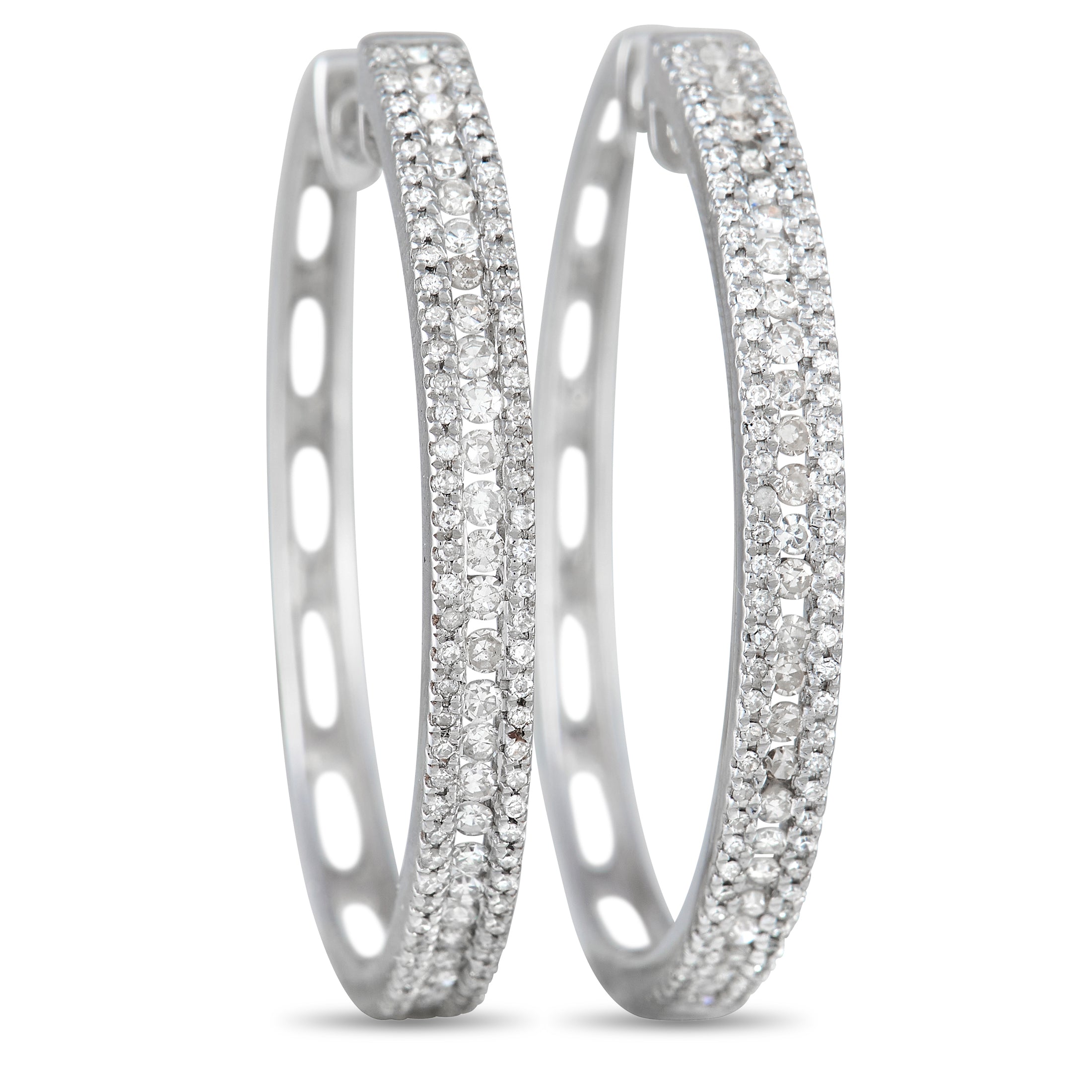 14K White Gold 3-Row 1.06 Carat VS1 G Color Diamond Hoop Earrings