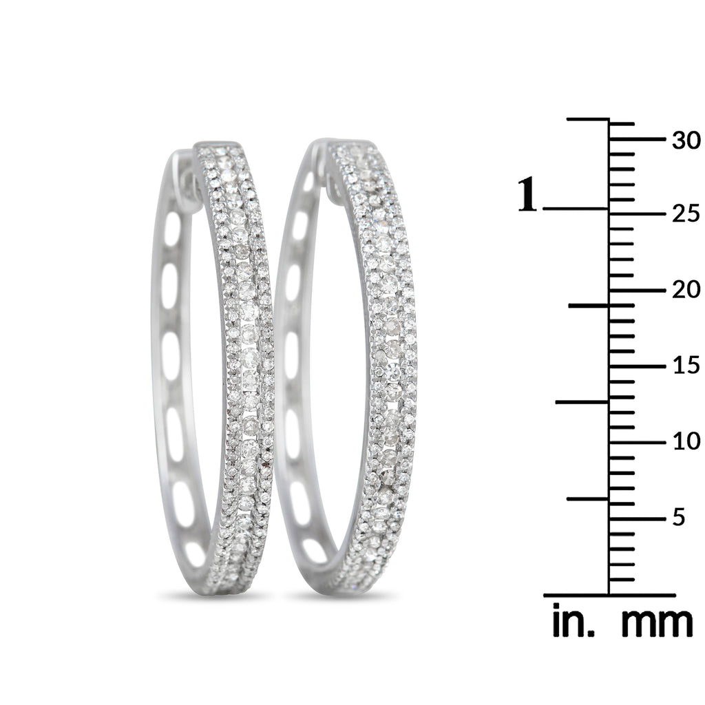 14K White Gold 3-Row 1.06 Carat VS1 G Color Diamond Hoop Earrings