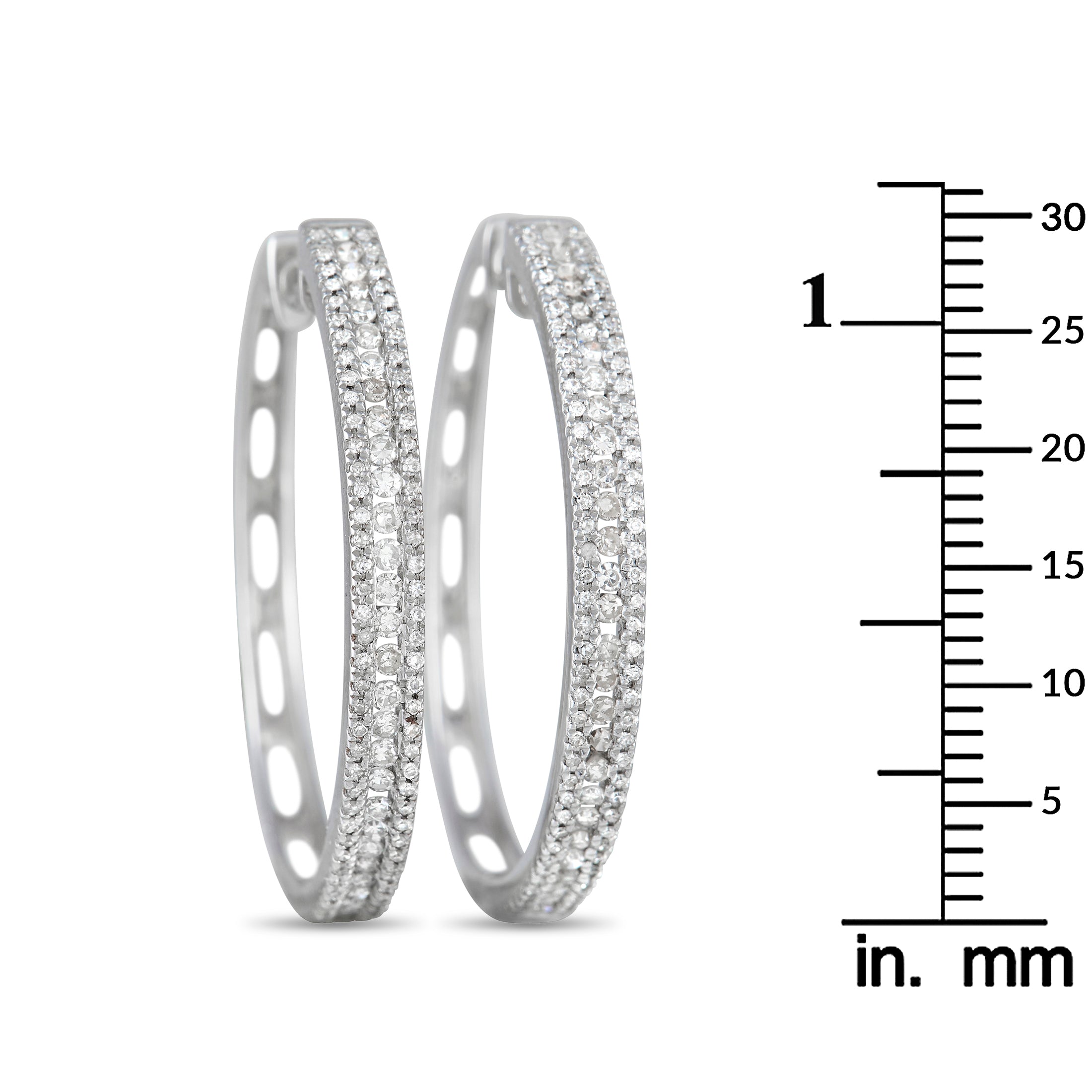 14K White Gold 3-Row 1.06 Carat VS1 G Color Diamond Hoop Earrings