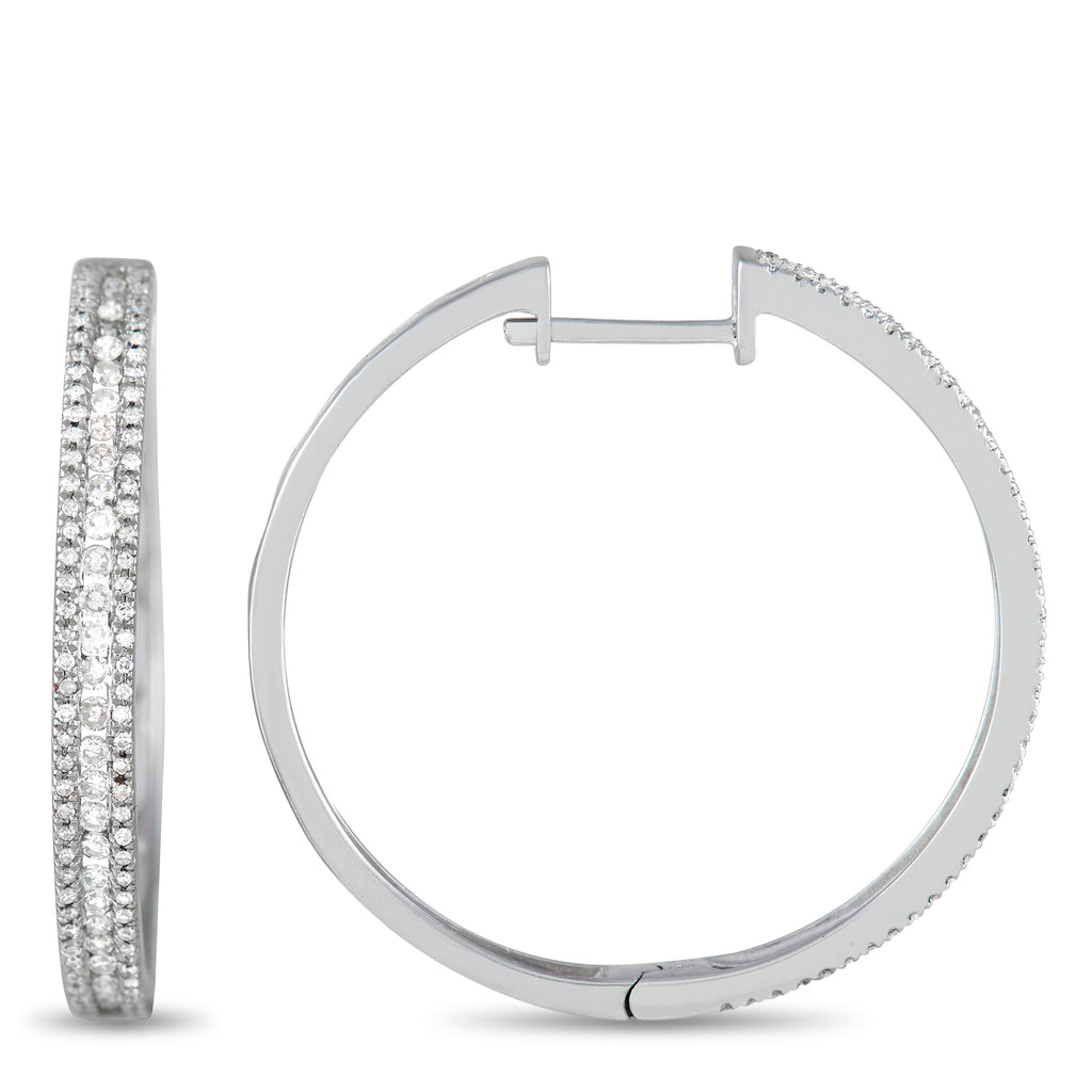 14K White Gold 3-Row 1.06 Carat VS1 G Color Diamond Hoop Earrings