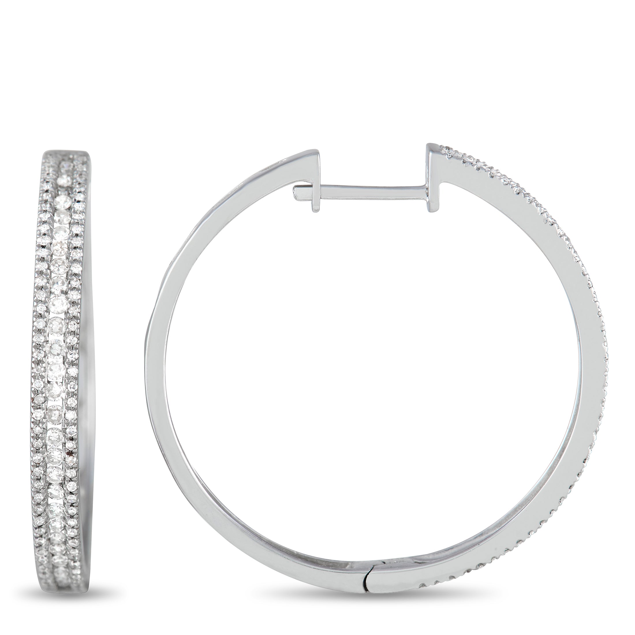 14K White Gold 3-Row 1.06 Carat VS1 G Color Diamond Hoop Earrings