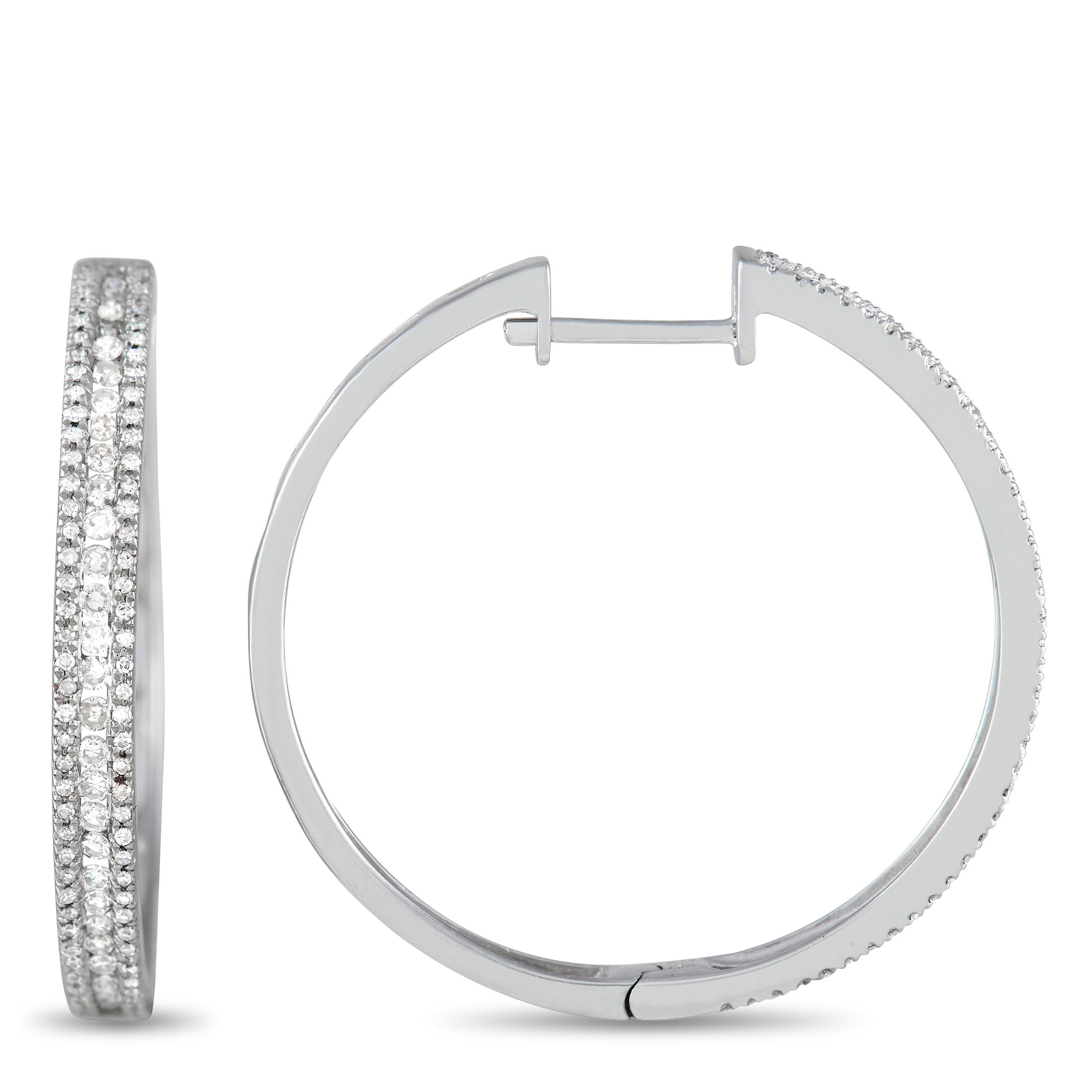 Exclusive 14K White Gold 3-Row 1.06  Carat  VS1 G Color Diamond Hoop Earrings