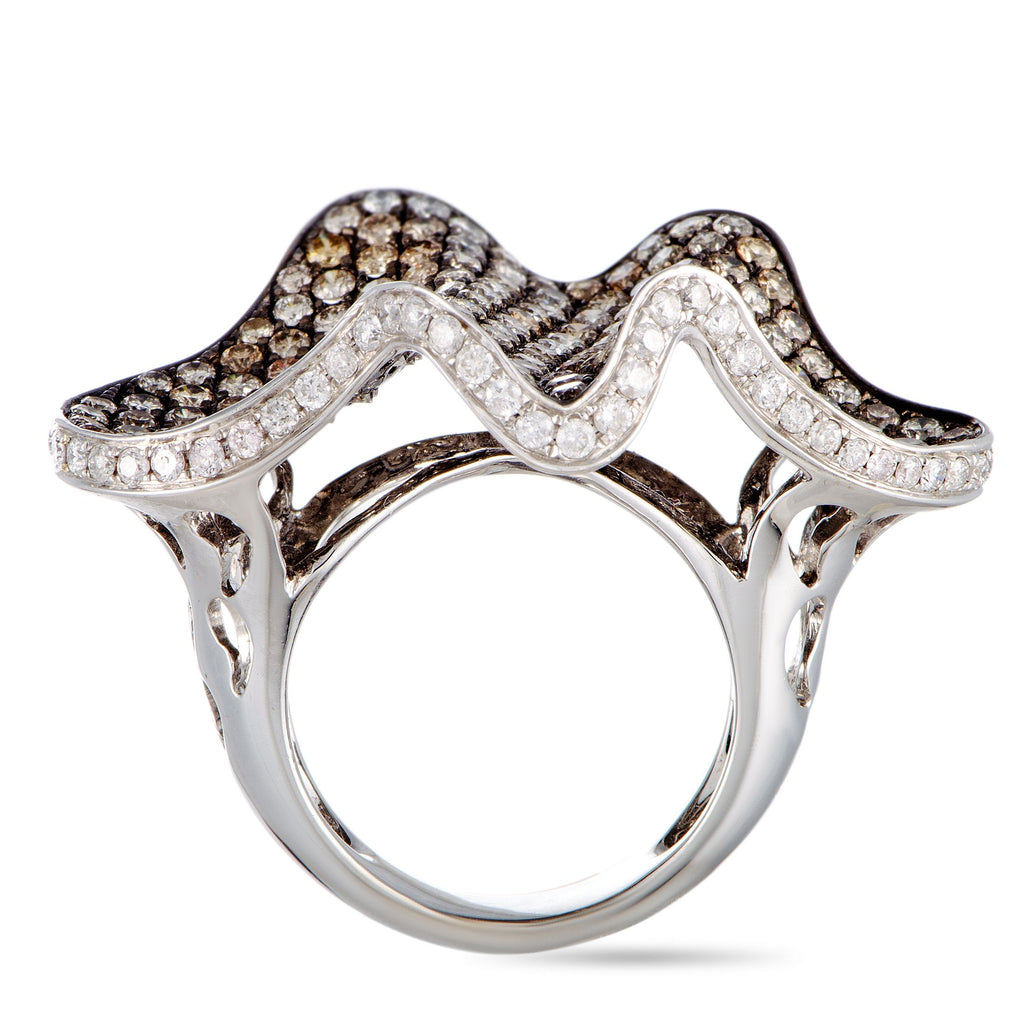 18K White Gold White and Brown Diamond Wave Ring