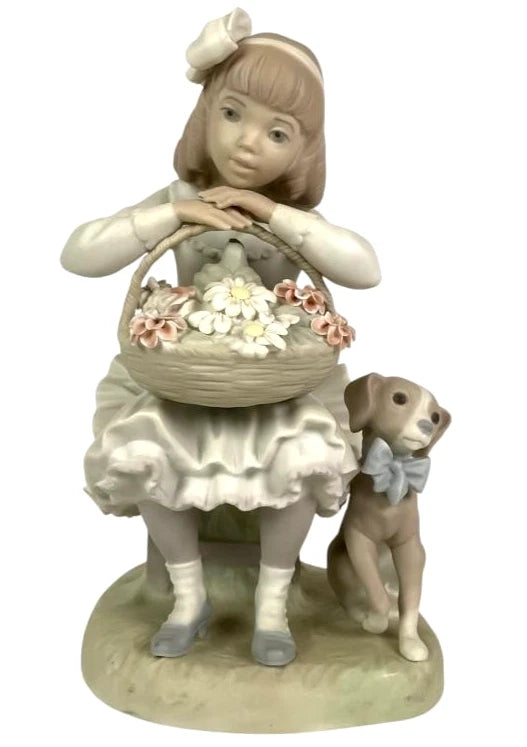Lladro  Vintage Limited Edition Girl with Flowers and Dog 1088 – Lladro porcelain figurine titled Girl with Flowers and Dog, 