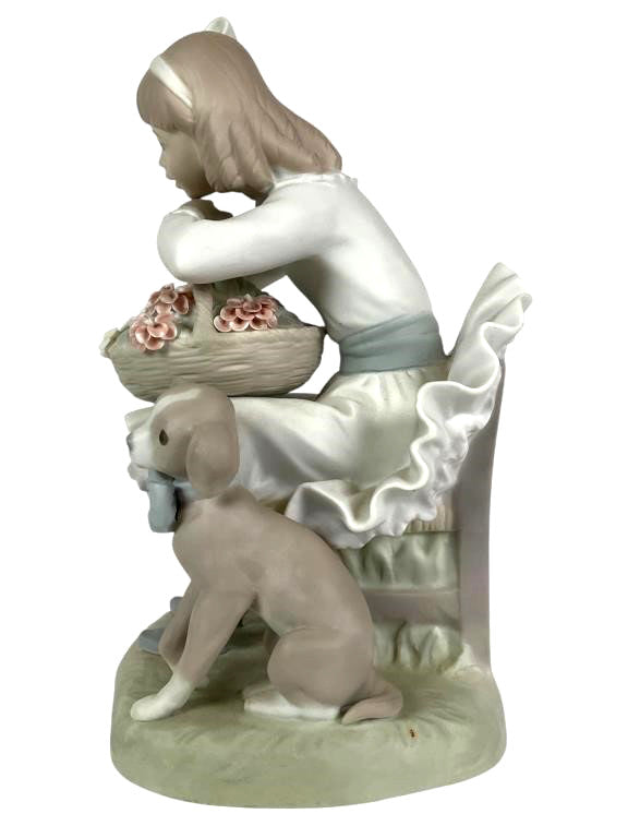 Retired LLADRO Girl with Flowers  # 1088 Girl w Flower Basket & Dog Mint Spain