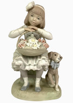 Retired LLADRO Girl with Flowers  # 1088 Girl w Flower Basket & Dog Mint Spain