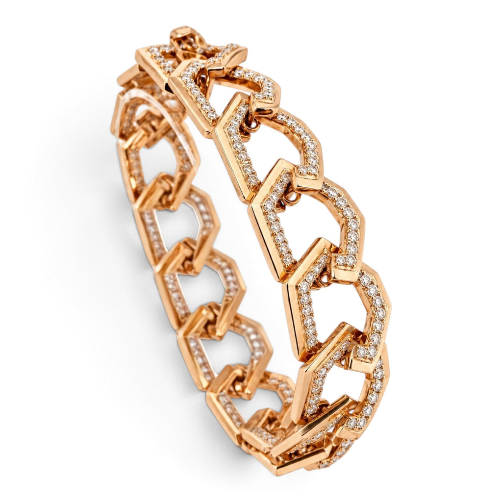 Gold diamond link bracelet with geometric links