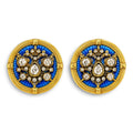 Pair of round gold-tone cufflinks with blue enamel crest and diamond-like accents