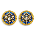 Pair of round gold-tone cufflinks with blue enamel crest and diamond-like accents